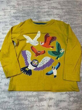 Mini Boden Mustard Owls Applique Long Sleeve Tee 4-5Y